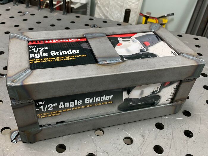 Humorous gift wrap resembling an angle grinder box, inspiring ideas for funny Christmas gift wraps and mischief.
