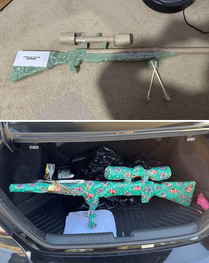 Two creative and funny gift wraps shaped like rifles, one in camouflage style and one wrapped in festive Christmas paper, placed indoors and in a car trunk.