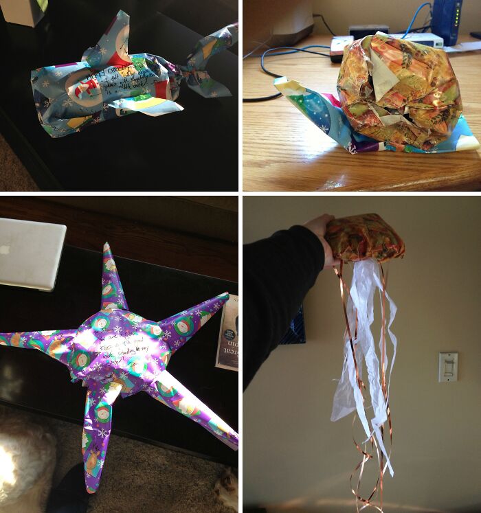 Collage of creative and funny gift wraps using holiday paper designed to inspire mischief this Christmas season.