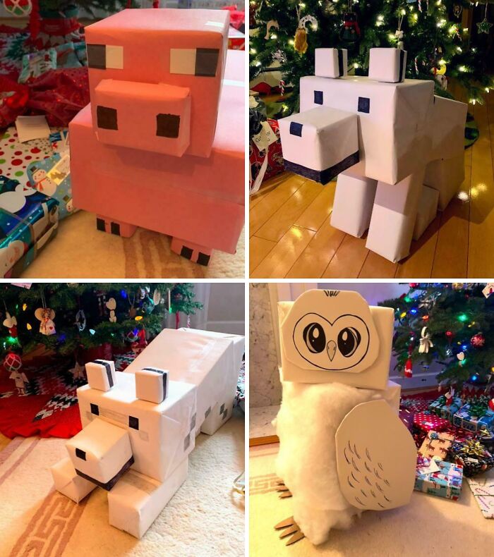 Creative and funny gift wraps shaped like animals including a pig, polar bears, and an owl by the Christmas tree.