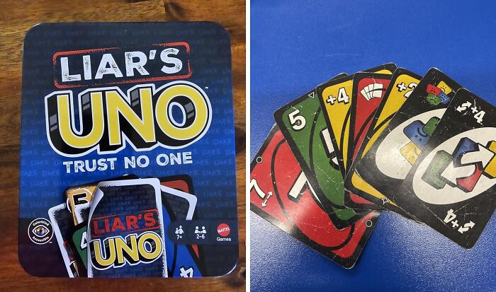 Unique and creative Liar's UNO card game shown as a never-before-seen gift idea to impress gift recipients.