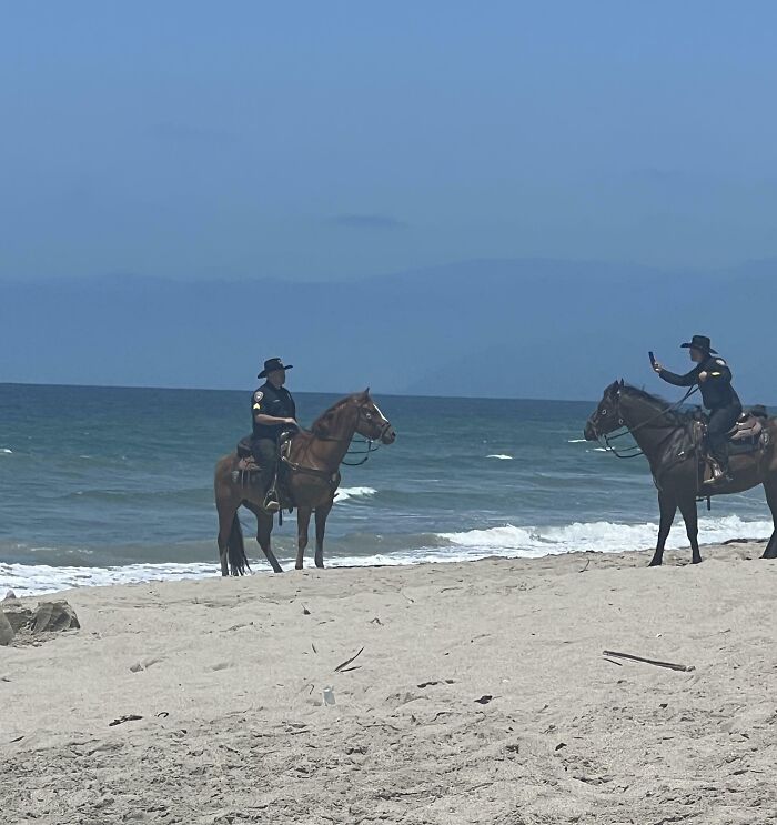 Two police officers on horseback patrolling a beach, showcasing unique outdoor jobs that make a 9-to-5 more bearable.