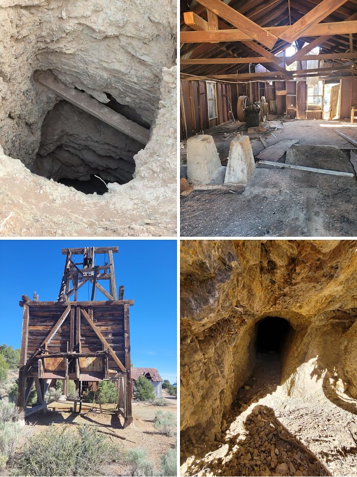 Old mining site photos showing a mine shaft, wooden mining structure, interior of a mine, and a mine tunnel entrance.