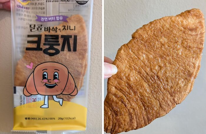 Korean snack shaped like a dog with a crispy texture, shown packaged and held as a unique gift idea.