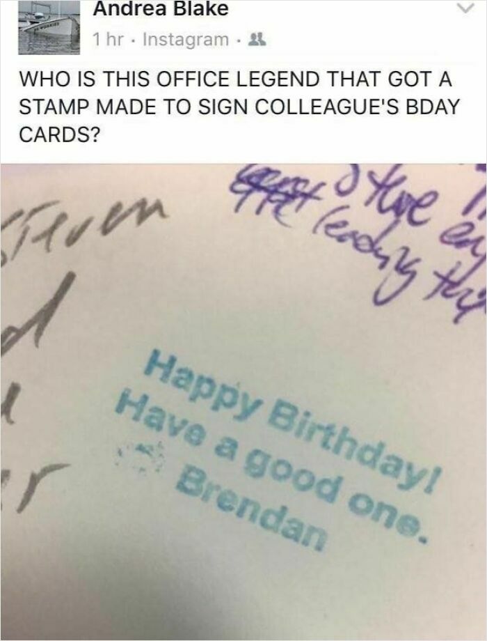 Social media post showing an office birthday card stamped with cheerful memes about wasting time online.