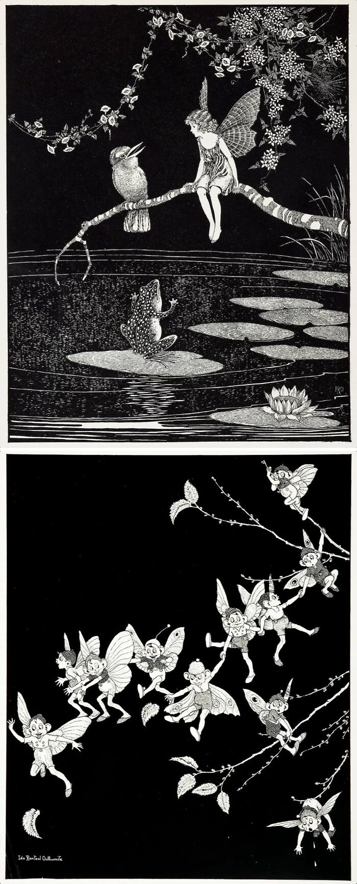 Black and white vintage illustrations depicting nature, fairies, and whimsical scenes capturing culture and everyday life.