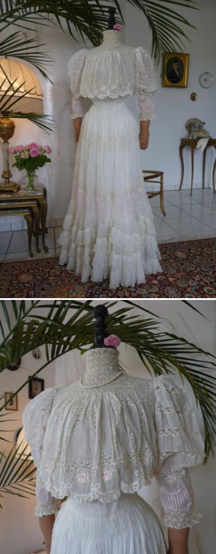 Vintage white lace dress on mannequin showcasing culture and everyday life in powerful old photos.