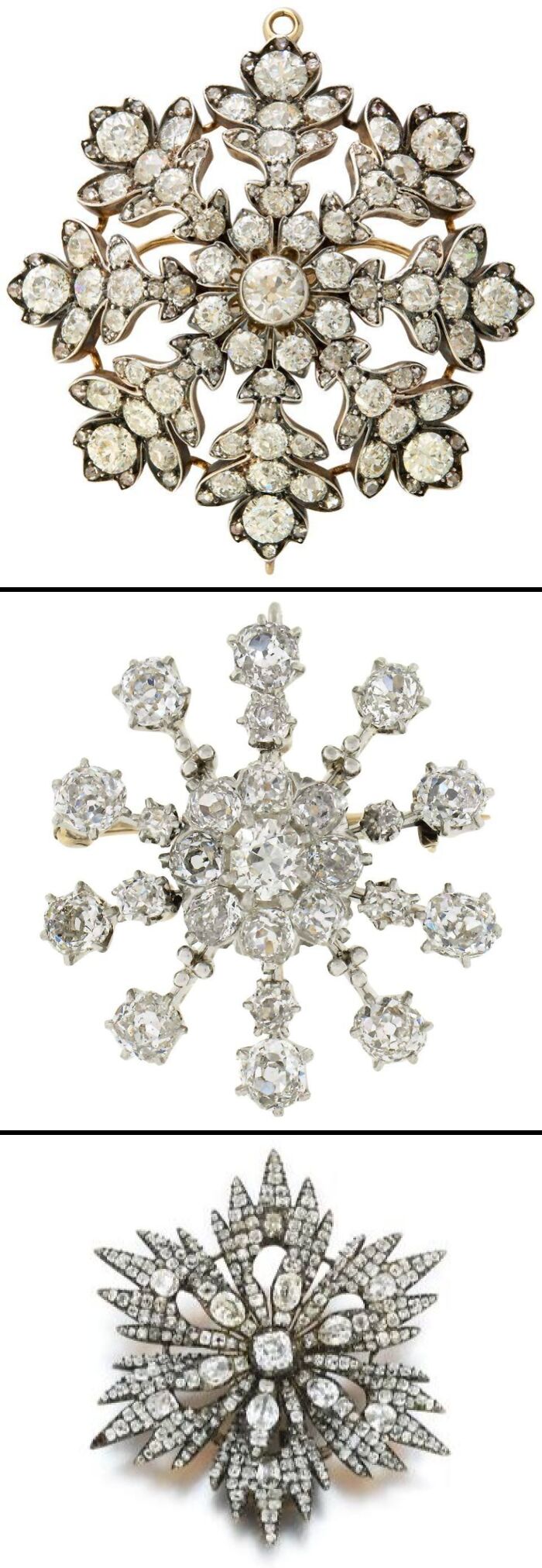 Three powerful old photos of vintage diamond brooches showcasing intricate design, culture, and craftsmanship of the past.