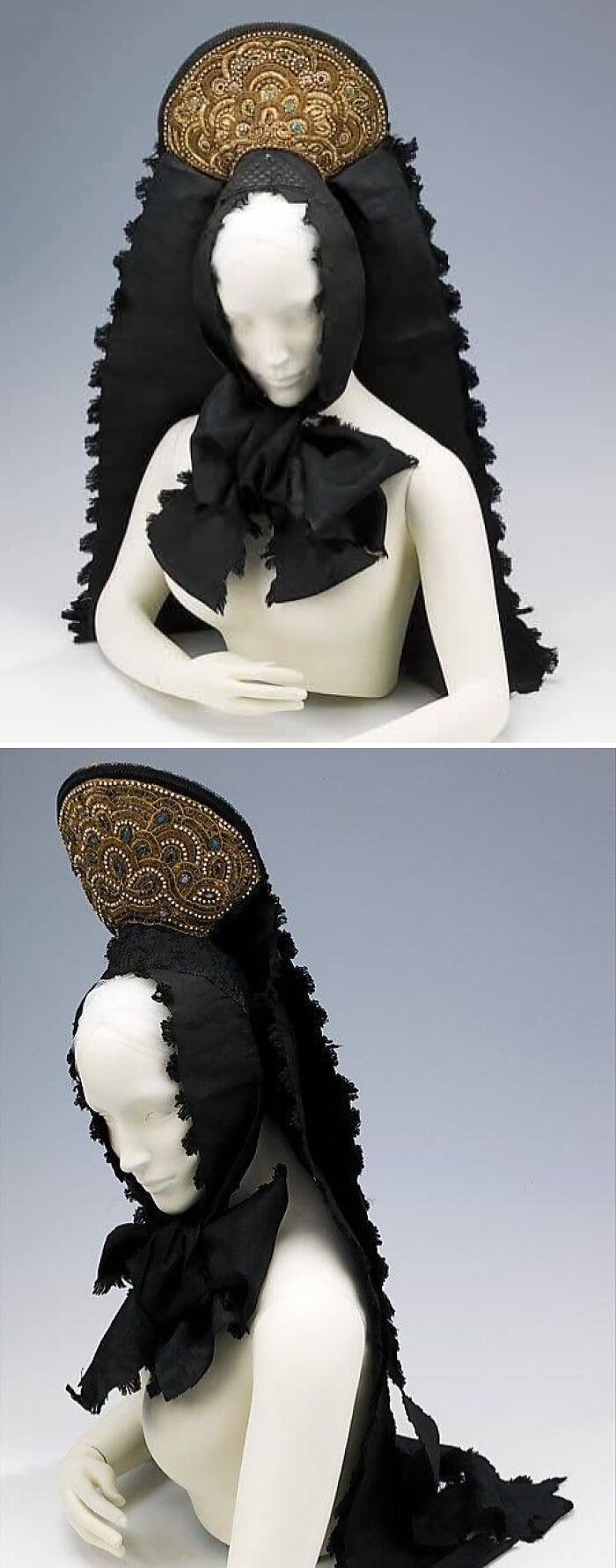 Mannequin wearing a traditional old black lace bonnet with intricate beadwork capturing culture and everyday life in the past.