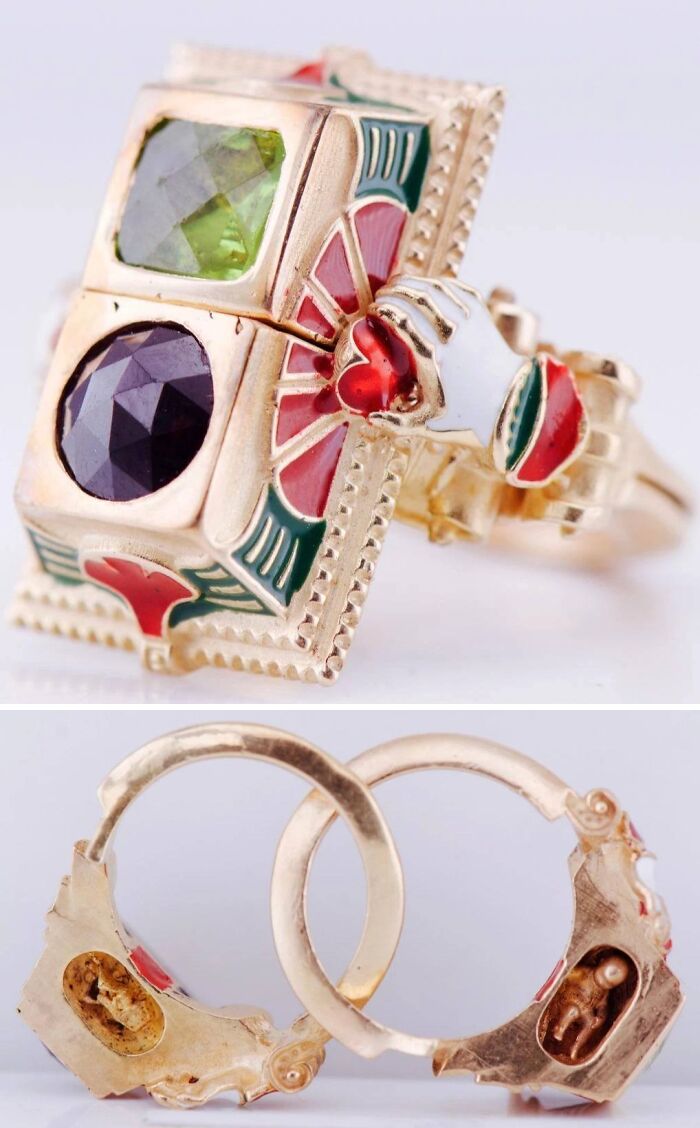 Close-up of a vintage gold ring with colorful gemstones and intricate enamel, showcasing culture and everyday life in the past.