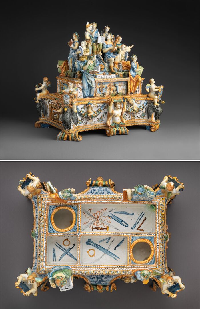 Ornate antique ceramic box featuring detailed figures and intricate designs, showcasing culture and everyday life in the past.