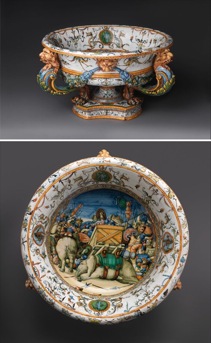 Intricately painted old ceramic bowl featuring detailed historical scenes and elaborate cultural designs from the past.