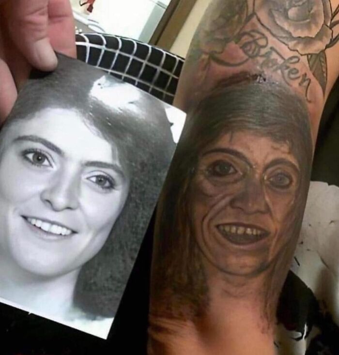 Comparison of a poorly executed tattoo with the original photo, highlighting some of the worst tattoos out there.