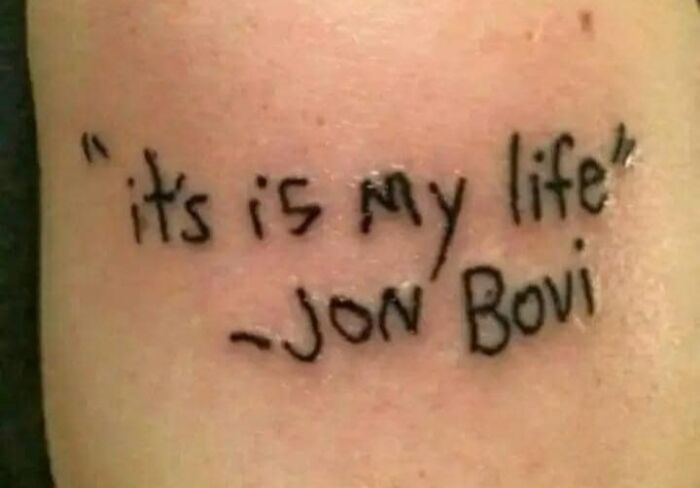 Tattoo with misspelled quote and name, an example of the worst tattoos that make online group members cringe.