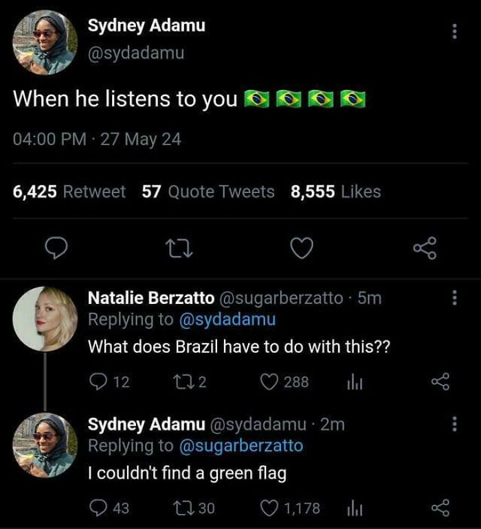 Twitter exchange shows a humorous misunderstanding involving Brazil flags in hilarious posts that have no reason to exist.