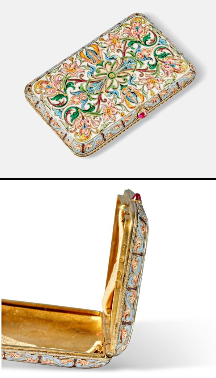 Intricately designed antique enamel compact showcasing culture and everyday life in powerful old photos from the past.