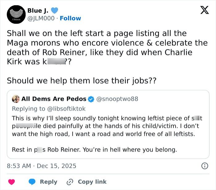 Tweet showing criticism of MAGA hypocrisy comparing reactions to Rob Reiner's slaying and Charlie Kirk controversy online.