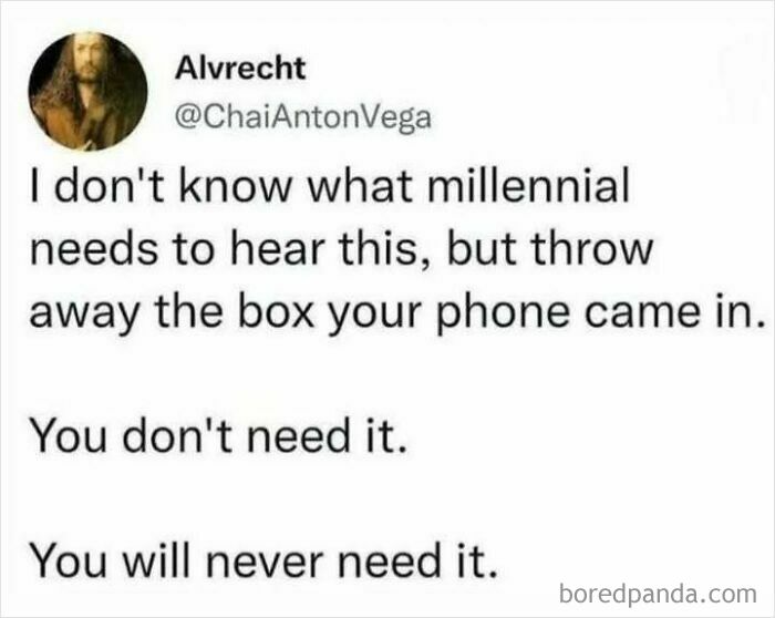 Funny meme advising millennials to throw away their phone boxes, part of hilarious memes that make you forget stress.