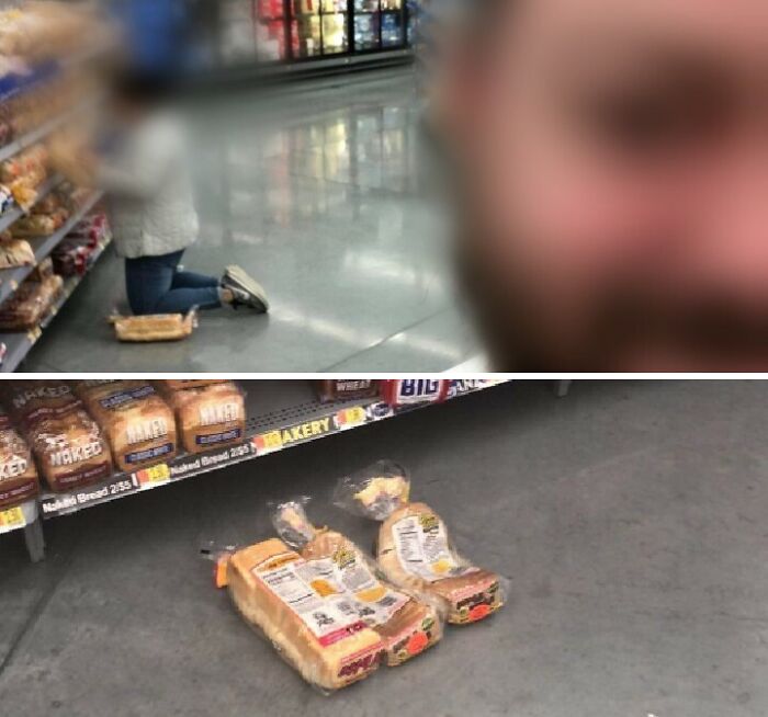 Person kneeling on a loaf of bread in a Walmart aisle with two loaves of bread lying on the floor nearby.