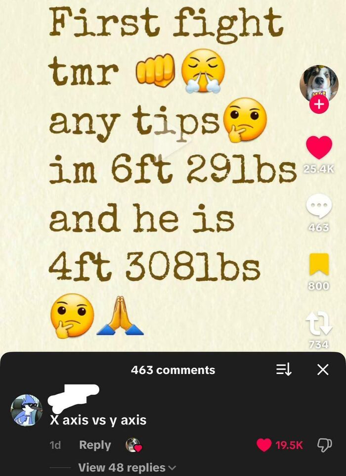 Text post with emojis about a first fight and size comparison, popular example of epic burns in 2025 comments section.