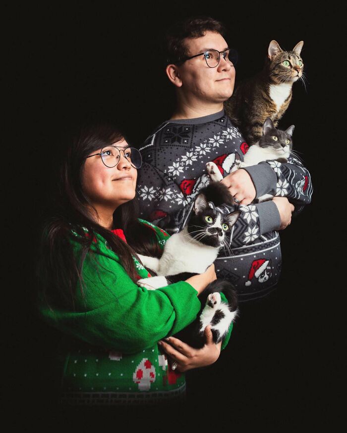 Couple in ugly Christmas sweaters posing awkwardly for family Christmas photo while holding three curious cats.