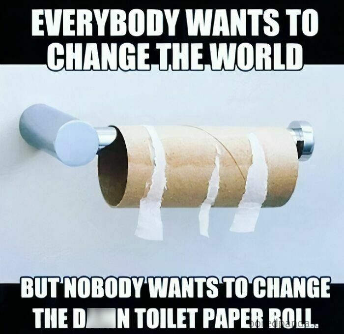Empty toilet paper roll on holder with humorous parenting meme about relatable struggles for parents going through it.