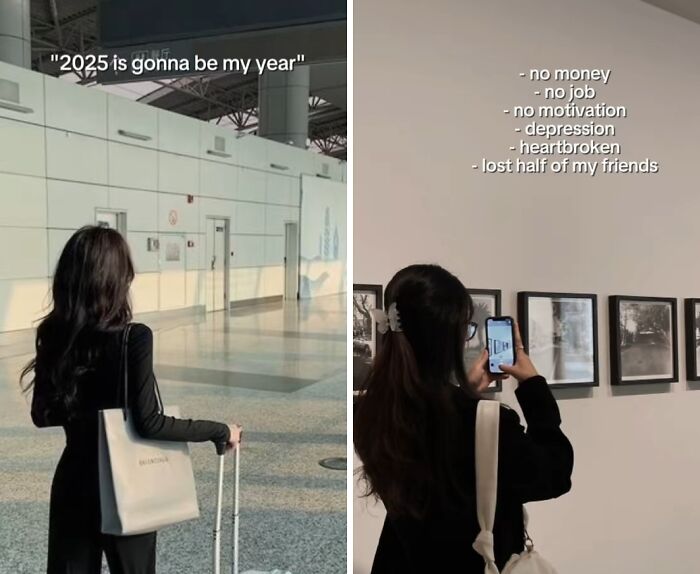 Woman reflecting on how 2025 backfired with no job, no money, depression, and lost friends in a gallery setting.