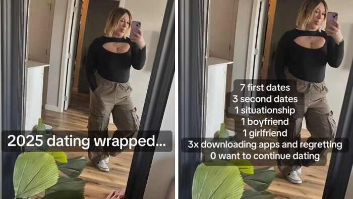 Woman taking mirror selfies summarizing her 2025 dating experiences with dates, relationships, and app regrets.