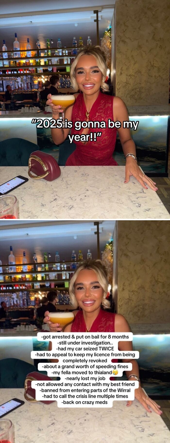 Woman smiling in a bar with a drink, sharing a 2025 is gonna be my year story that backfired badly.