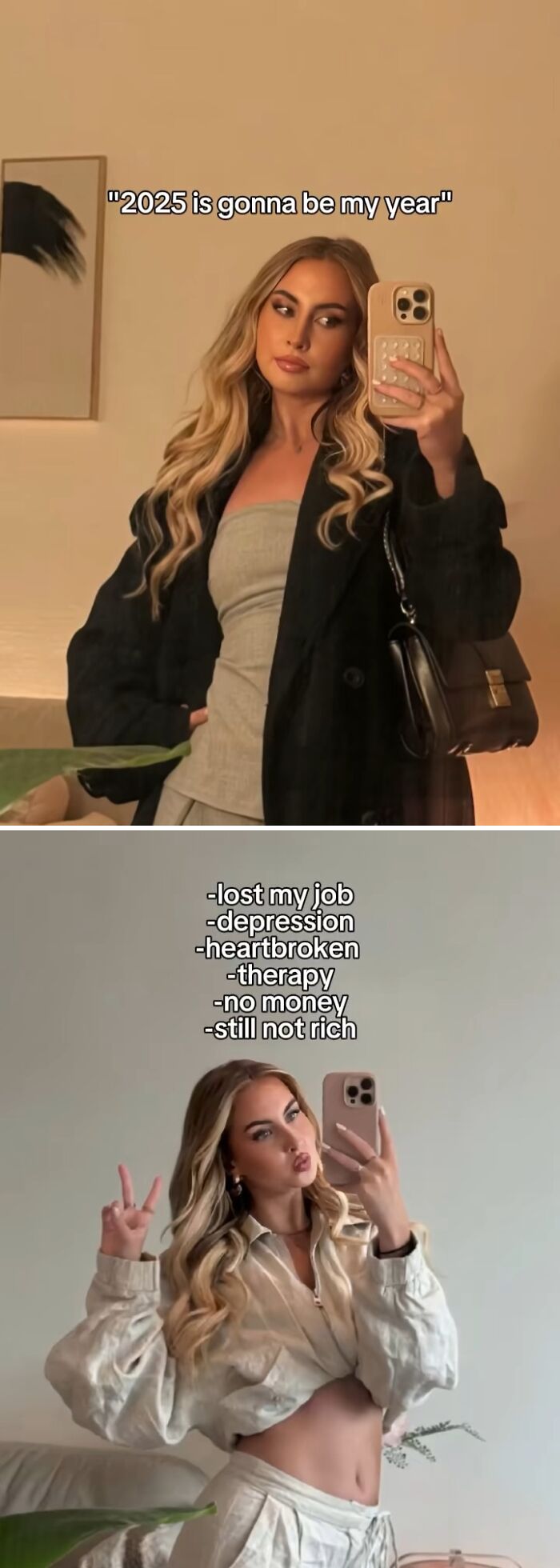 Young woman taking mirror selfies showing 2025 hope contrasted with how the year backfired for her failures and struggles.