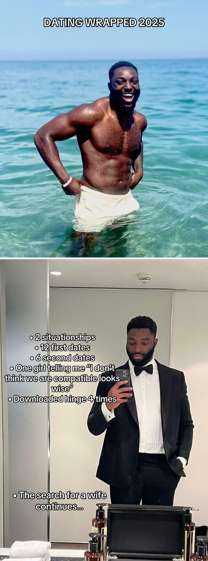Man in water smiling and dressed in a tuxedo, illustrating dating struggles and search in 2025, dating backfired for him.
