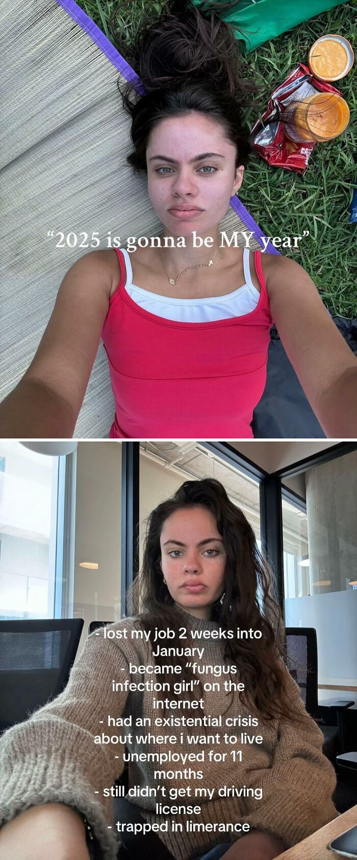 Young woman shares how 2025 backfired with job loss, internet controversy, and personal struggles in two selfies.