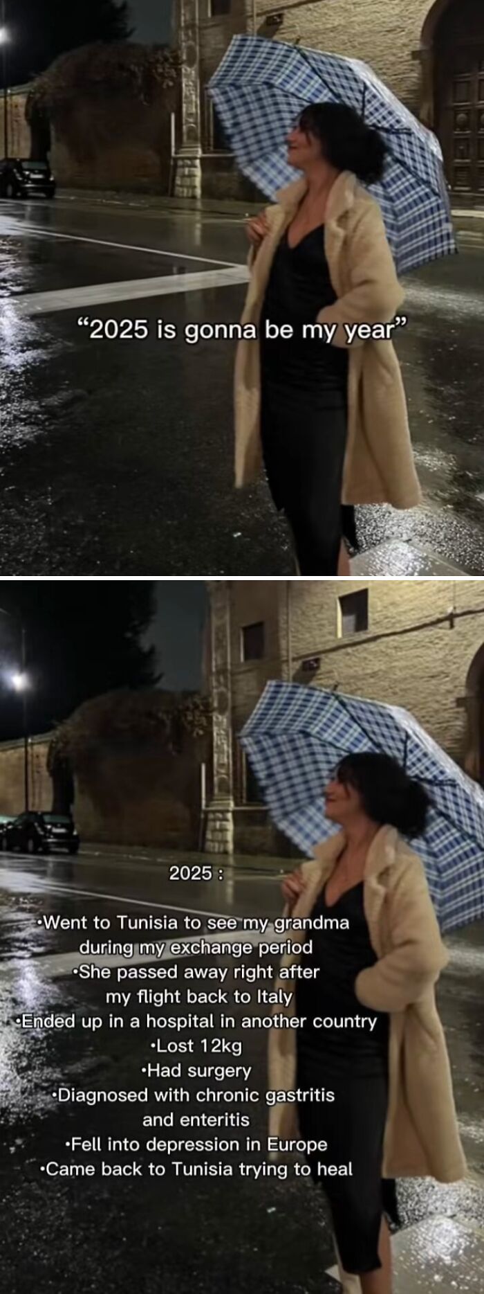 Woman holding umbrella on rainy street with text about 2025 going wrong and personal struggles revealed.