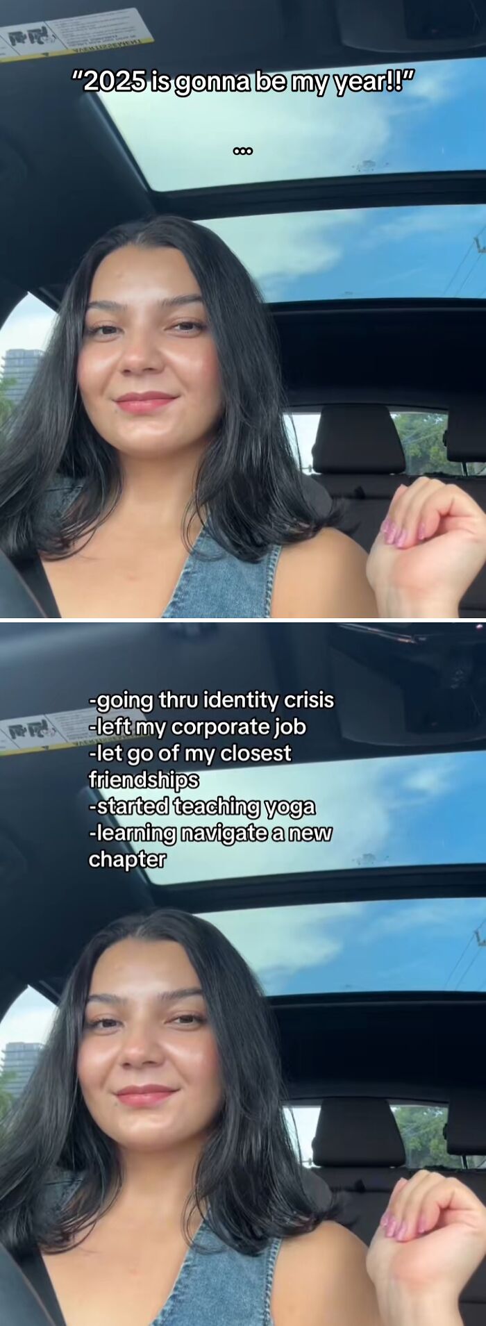 Young woman in a car shares how 2025 is her year despite identity crisis and big life changes in a personal story.