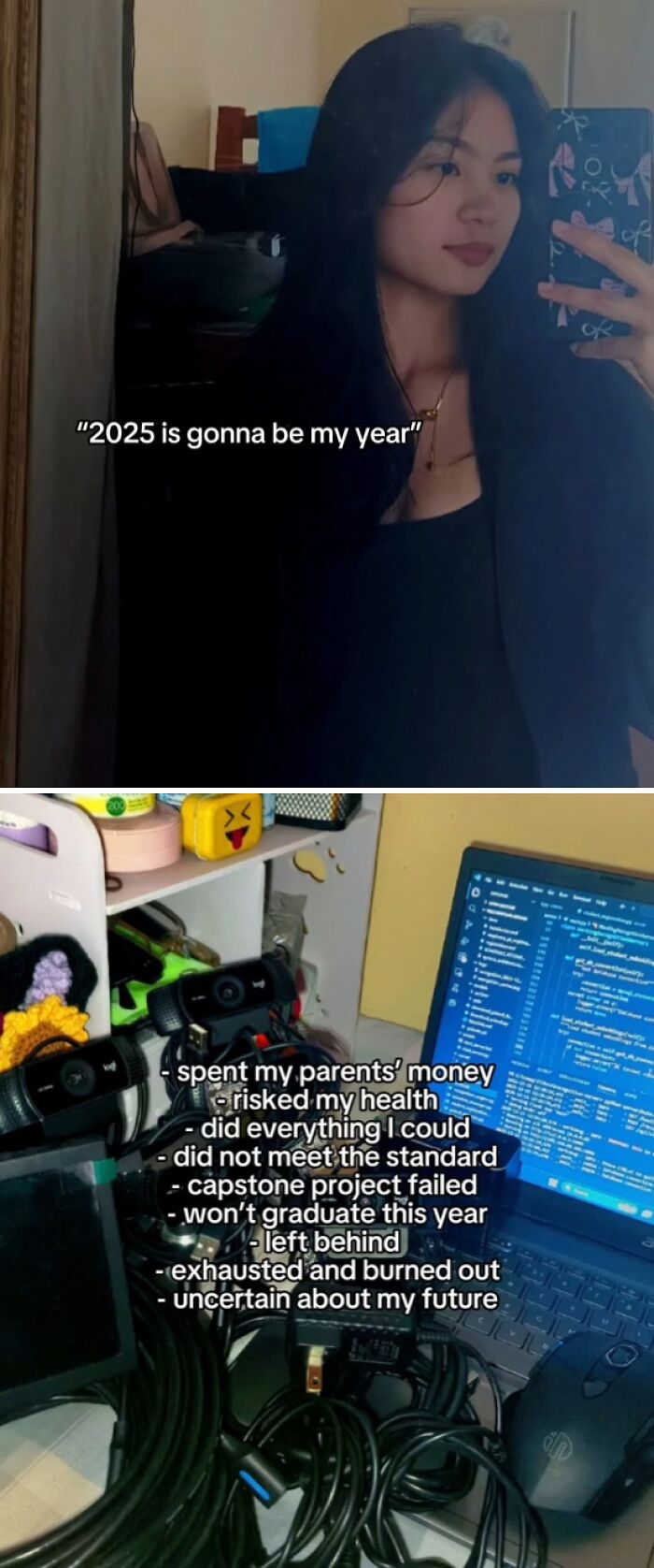 Young woman taking a selfie with text about 2025 plans backfiring, and a cluttered workspace with coding on a laptop.