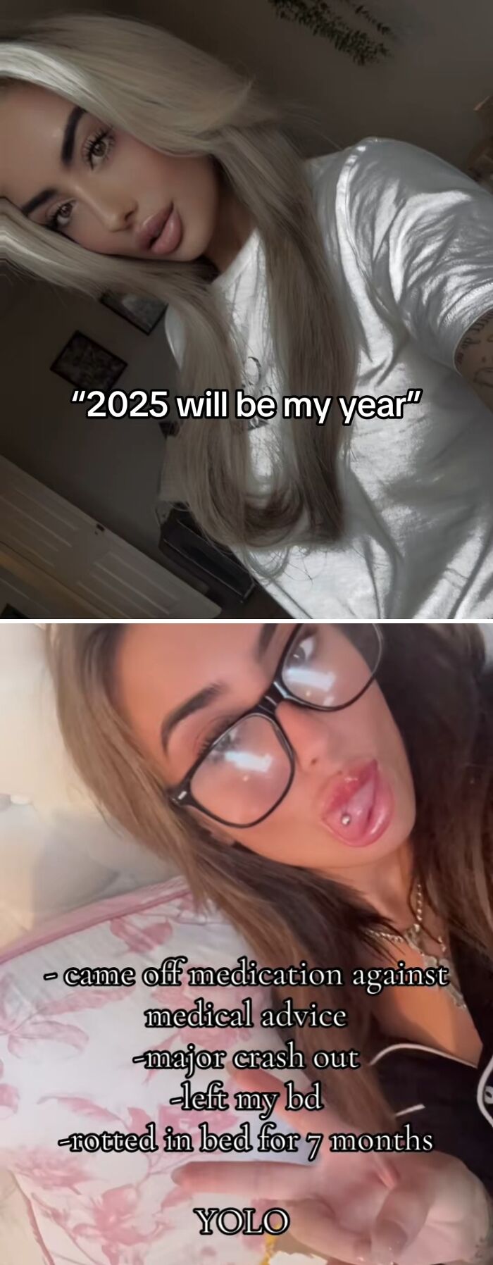 Two women sharing personal stories about how 2025 backfired for them with text overlays detailing hardships.