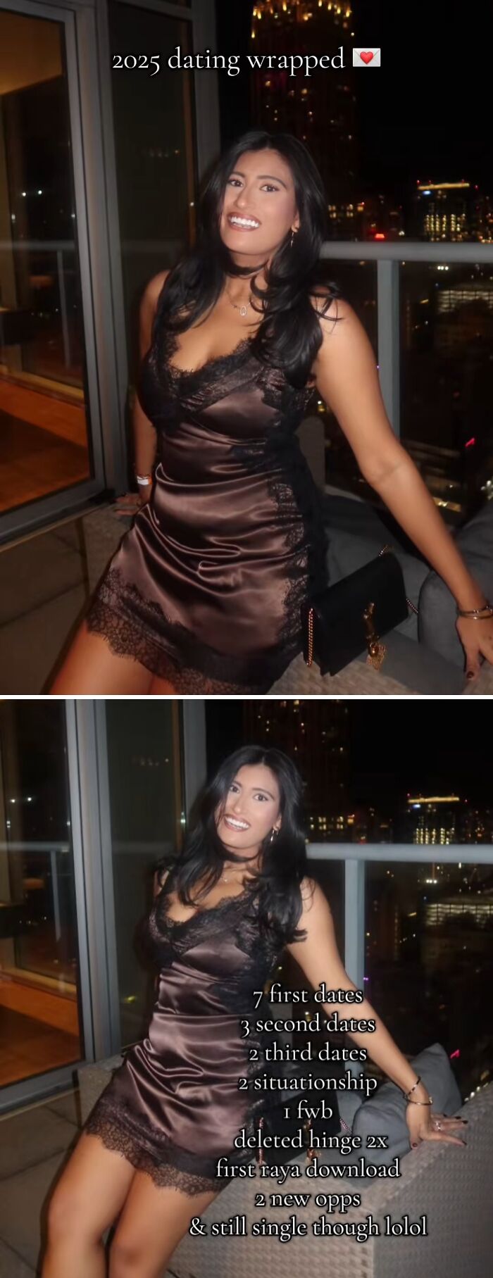 Woman in a black lace dress sharing her 2025 dating experiences with highlights of first dates and relationships.