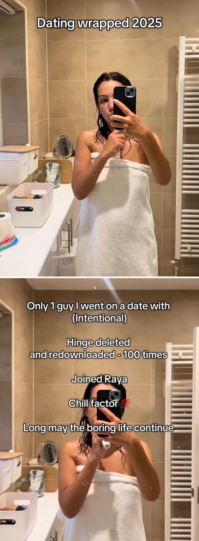 Woman wrapped in towel taking mirror selfies in bathroom, sharing 2025 dating experiences from people revealing how the year backfired