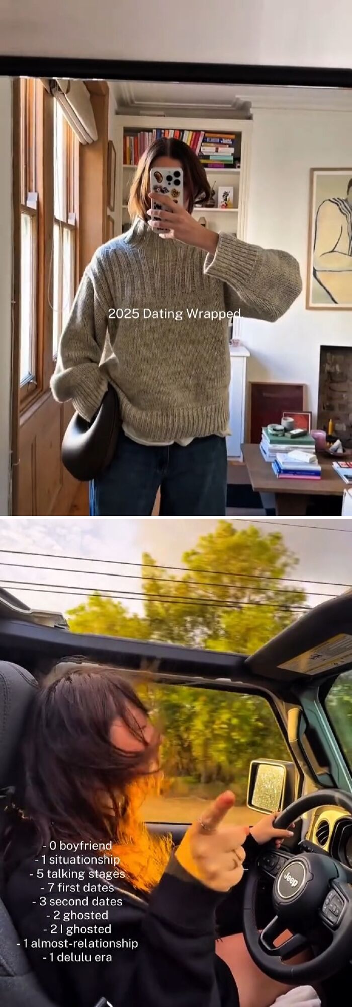Person in cozy sweater taking mirror selfie and another driving Jeep with text about dating stages in 2025 year backfired.