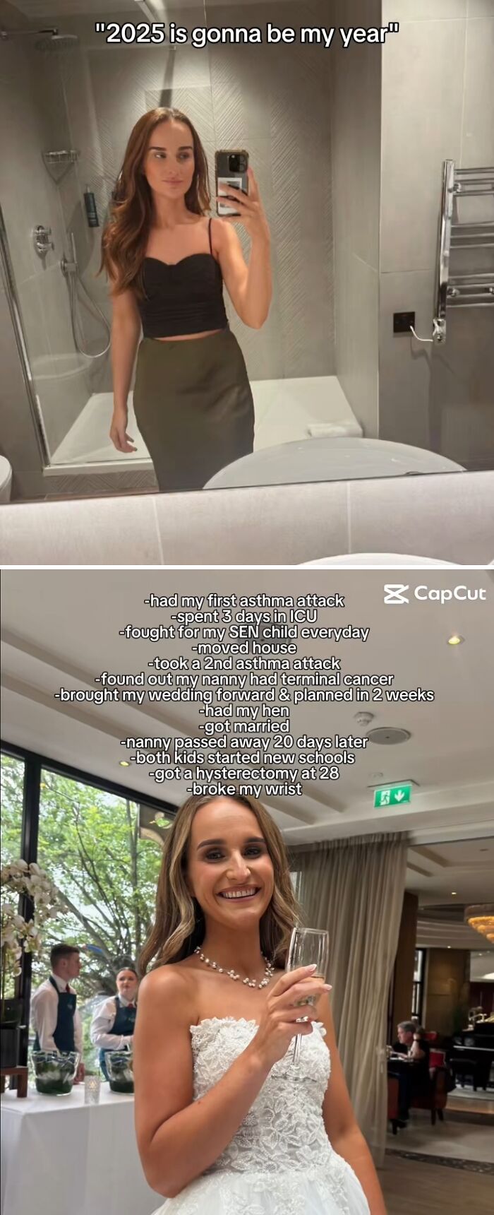 Woman reflecting on how 2025 backfired with health struggles and major life changes, shown in mirror and wedding dress.