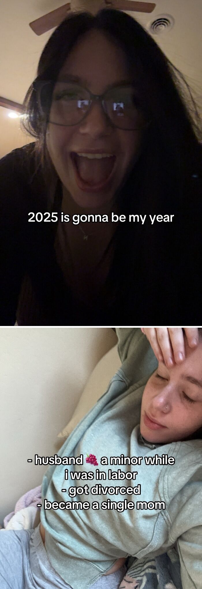 Split image of a woman excitedly saying 2025 will be her year and another woman reflecting on a difficult year backfiring.