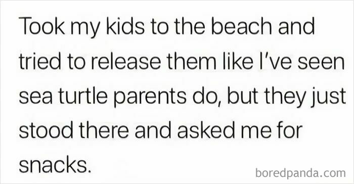Relatable meme for parents showing a humorous struggle of managing kids at the beach asking for snacks instead of leaving.