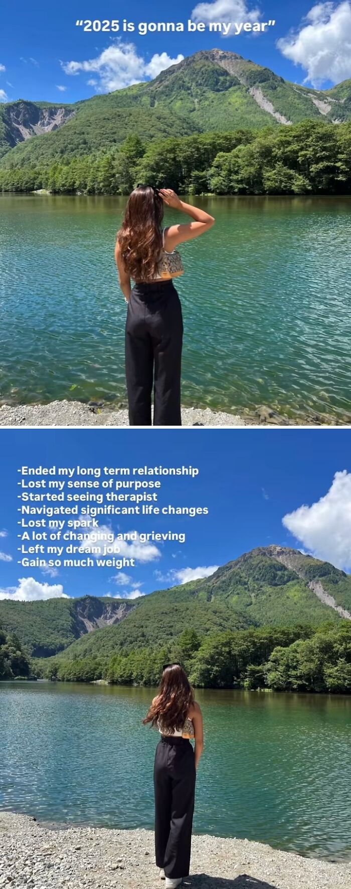 Woman standing by a lake with mountains in the background reflecting on how 2025 is gonna be her year despite hardships.