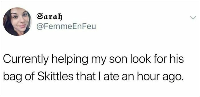 Parent relatable meme showing a social media post about helping a child find candy the parent already ate.