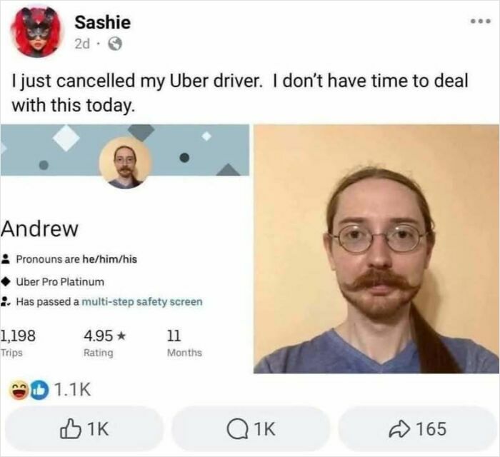 Facebook post meme showing Uber driver profile with a humorous cancellation, part of hilarious memes collection for stress relief.