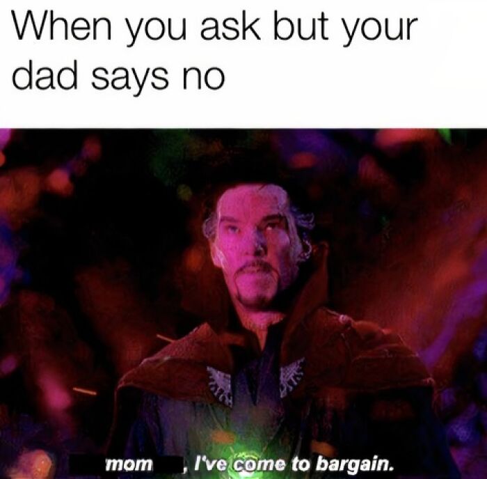 Relatable parent meme showing a character bargaining with mom after dad says no, capturing parents going through it humorously.