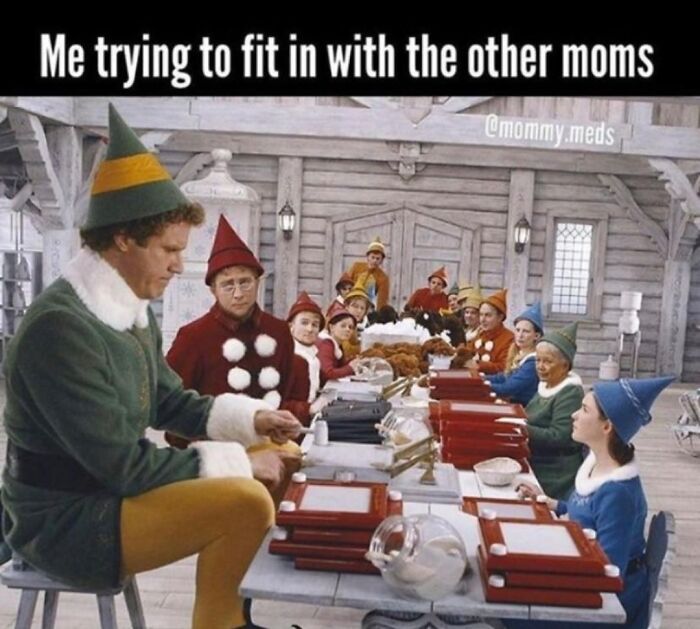 Scene from Elf movie showing a man in elf costume awkwardly sitting with other elves, illustrating relatable parenting meme.