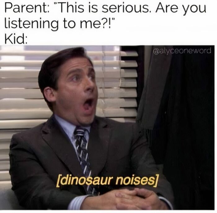 Relatable parent meme showing a shocked man with caption dinosaur noises, humor for parents going through it.