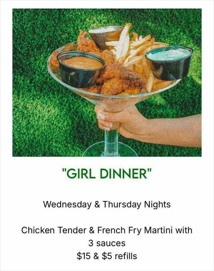 Hand holding a chicken tender and french fry martini with three sauces, showcasing ridiculous food served in restaurants.
