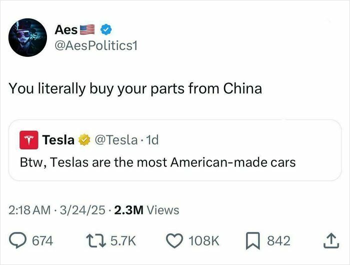 Tweet exchange showing an epic burn from 2025 where a user contradicts Tesla's claim about American-made cars.